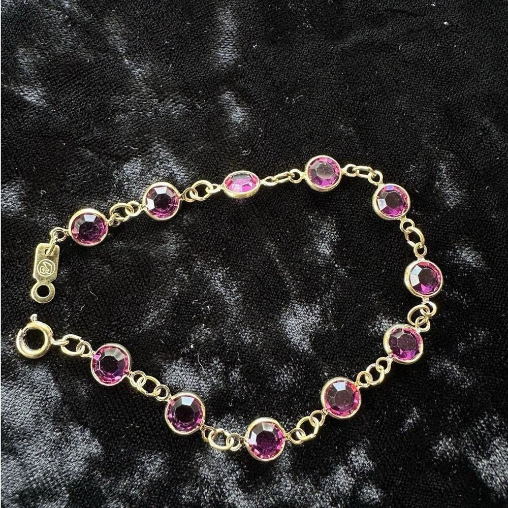 Vintage Swarovski Swan Logo Pink Amethyst Crystal Bezel Gold Tone Bracelet 7’’